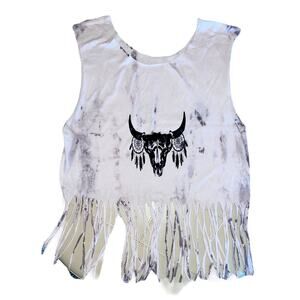 Festival Style Upcycled Steer Skull Fringed Crop Tank Top Medium